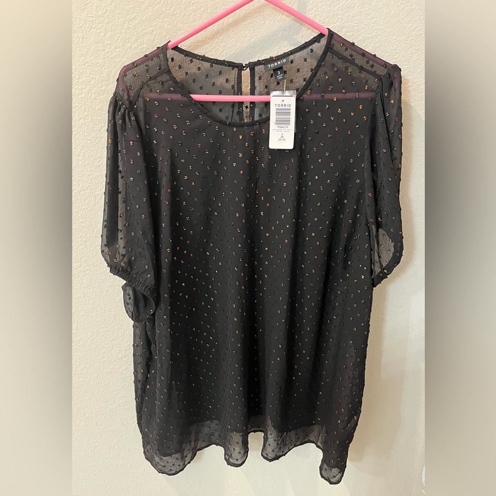 Torrid Sheer Black Shimmery Abbey Rainbow Clip Dot top size 3 NWT